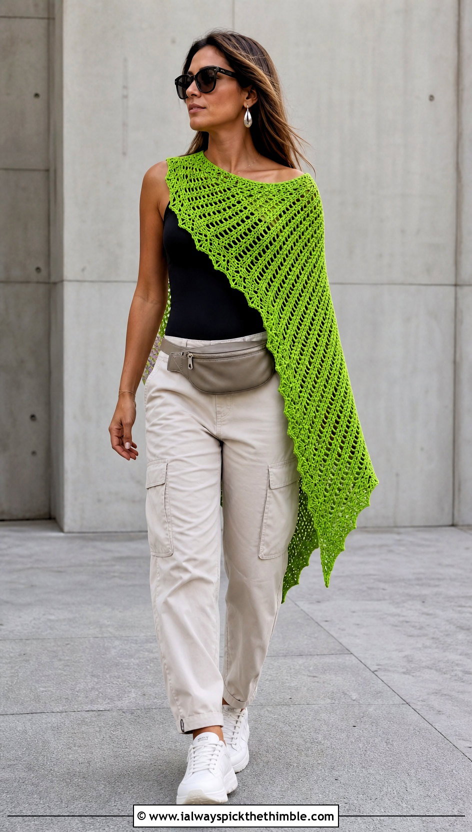 Crochet Asymmetrical Wing Shawl With Cargo Pants - 20 Crochet Wing Shawl outfit ideas