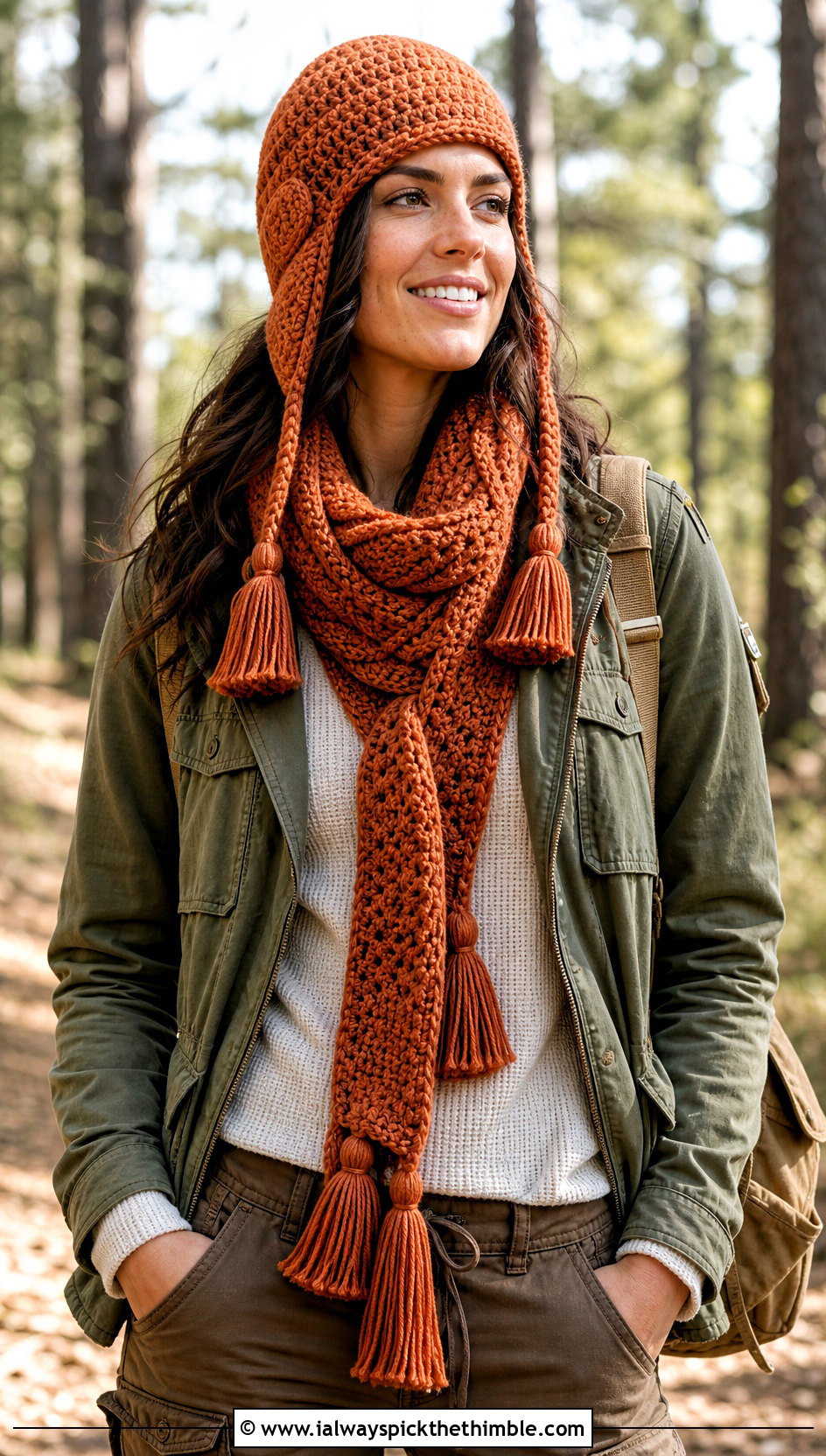 Crochet Aviator Hat And Tasseled Scarf With Utility Jacket - 20 crochet hat and scarf outfit ideas