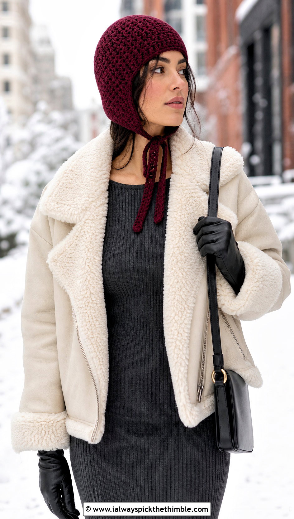 Crochet Aviator Hat With Shearling Jacket And Knit Dress - 20 Cool Crochet Hat Ideas