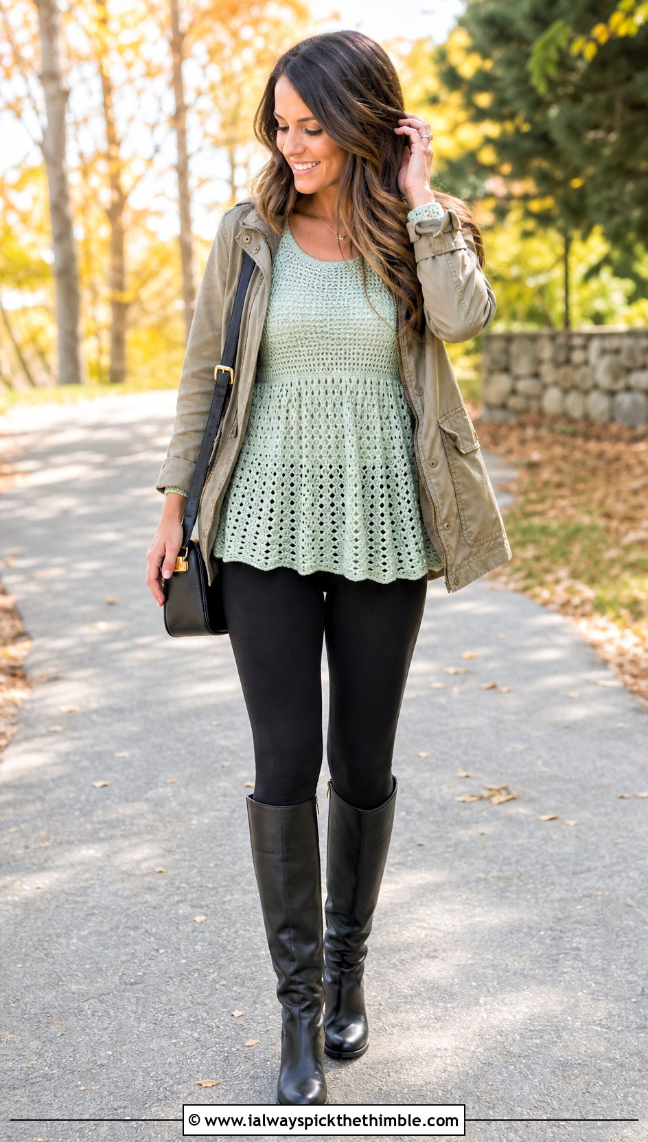 Crochet Babydoll Top With Black Leggings - 20 vintage crochet tops outfit ideas