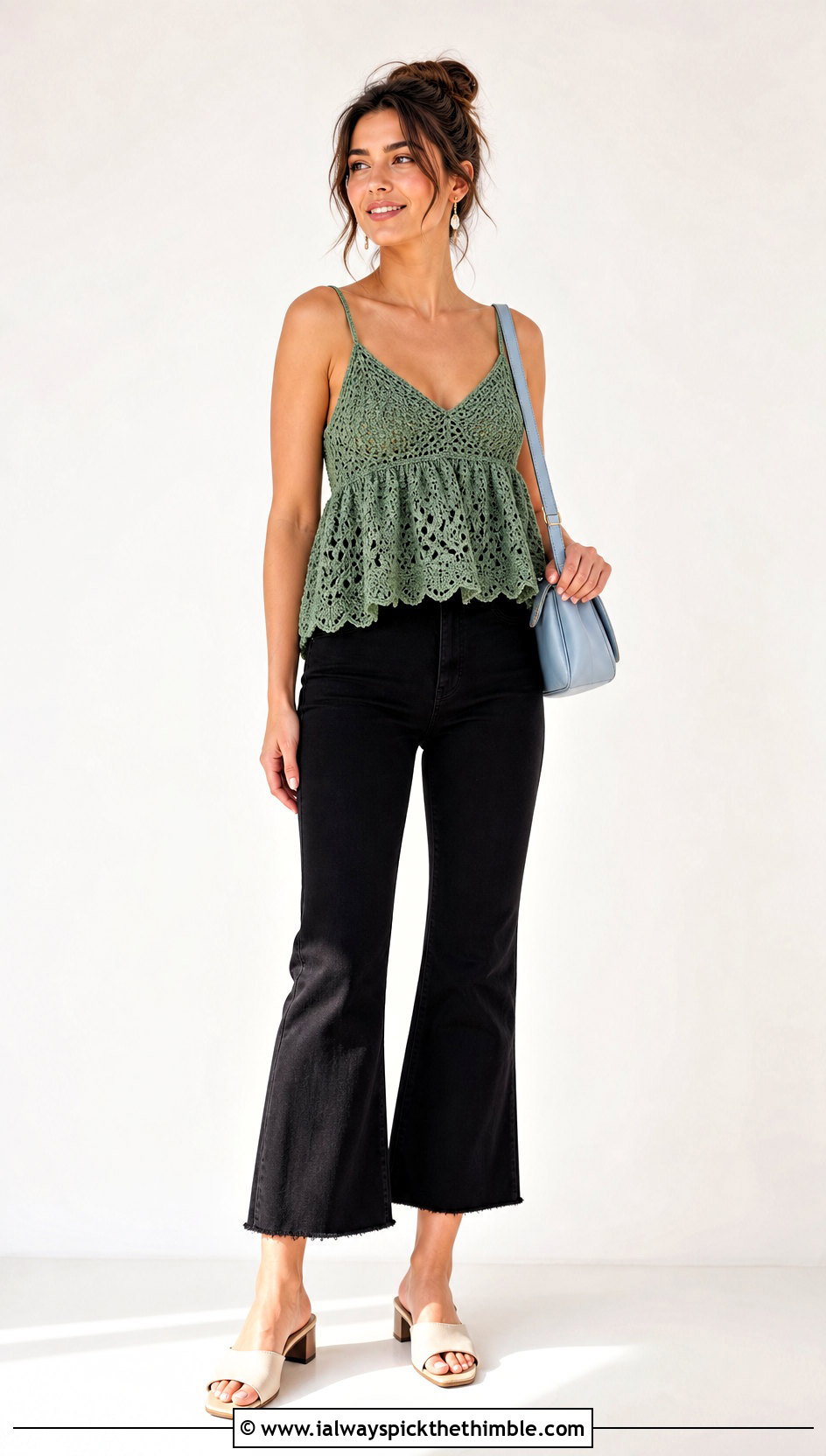 Crochet Babydoll Top With Cropped Flare Pants - 25 Belly Crochet Top outfit ideas