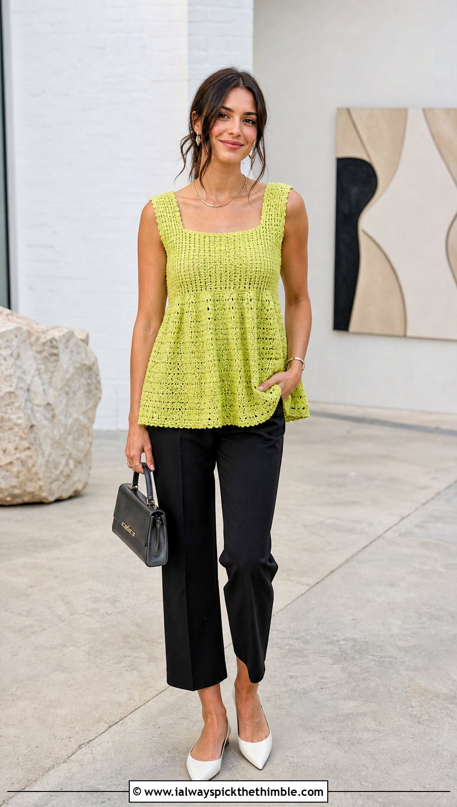 Crochet Babydoll Top With Cropped Trousers - 25 crochet simple top outfit ideas