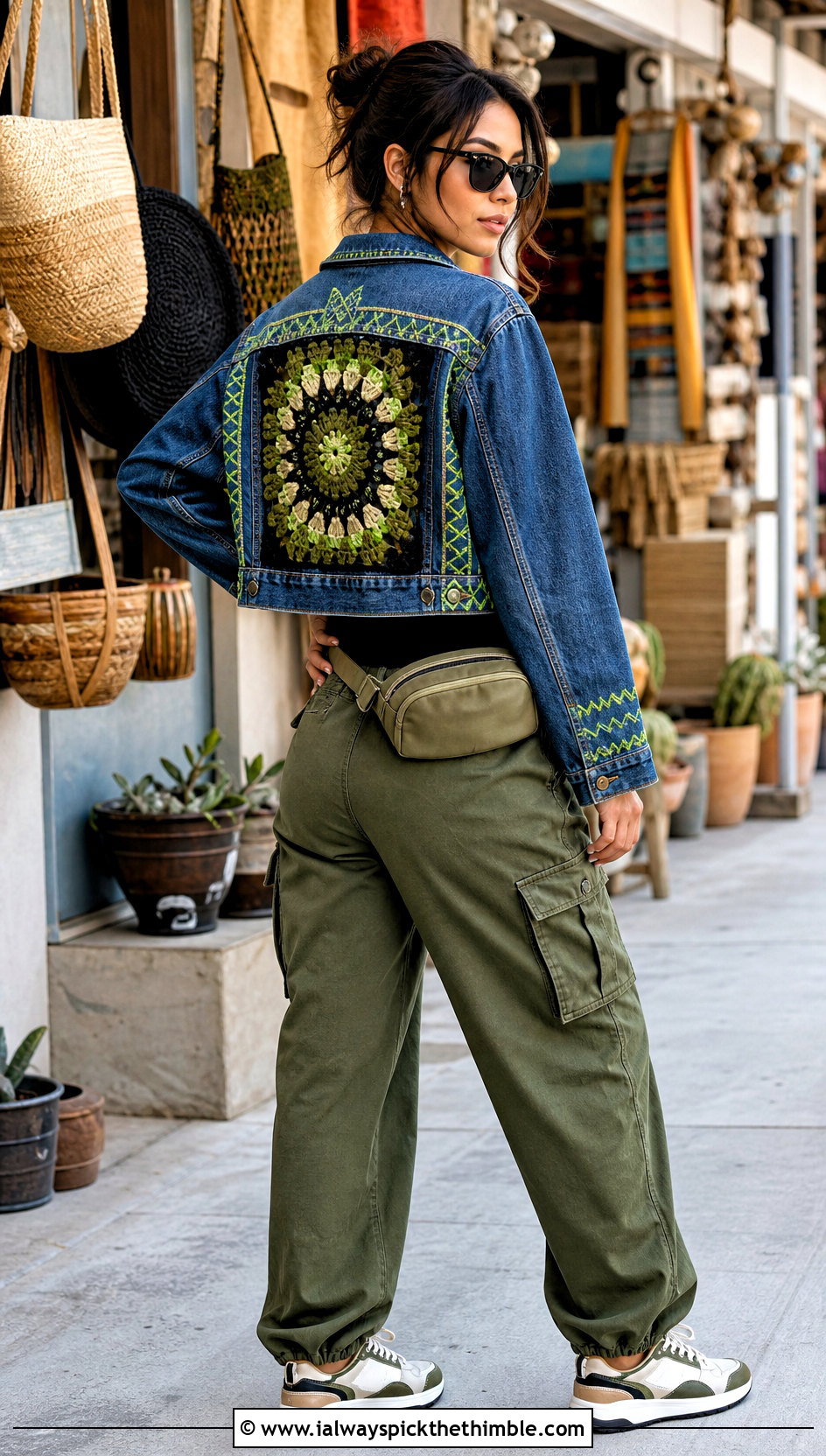 Crochet Back Panel Denim Jacket With Cargo Pants - 20 crochet denim jacket outfit ideas