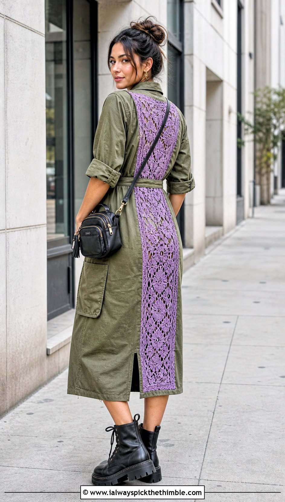 Crochet Back Panel Utility Dress With Combat Boots - 20 fabric and crochet dress outfit ideas