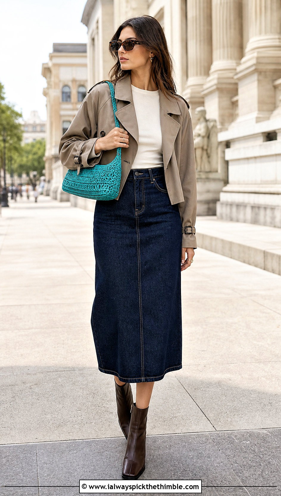 Crochet Baguette Bag With Denim Midi Skirt - 25 crochet bag outfit ideas