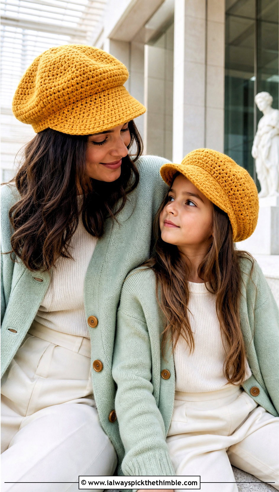 Crochet Baker Boy Cap With Cardigans And Trousers - 20 Mommy And Me Crochet Hats outfit ideas