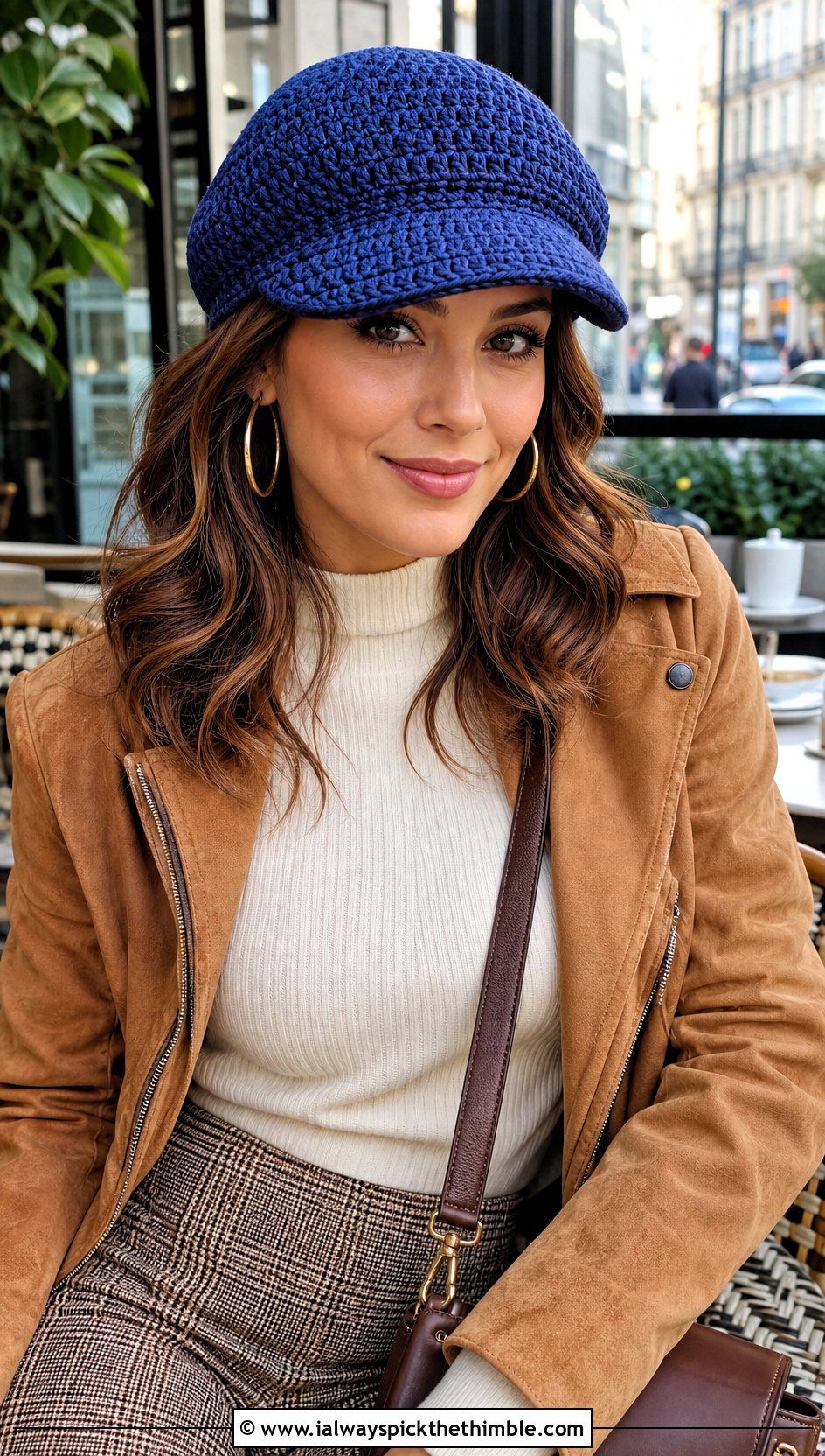 Crochet Baker Boy Cap With Plaid Trousers - 25 one piece crochet hat outfit ideas