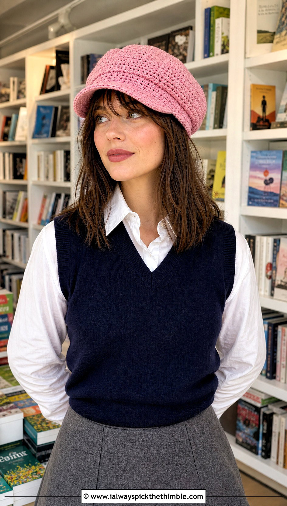 Crochet Baker Boy Cap With Sweater Vest And Mini Skirt - 20 flat crochet hat outfit ideas