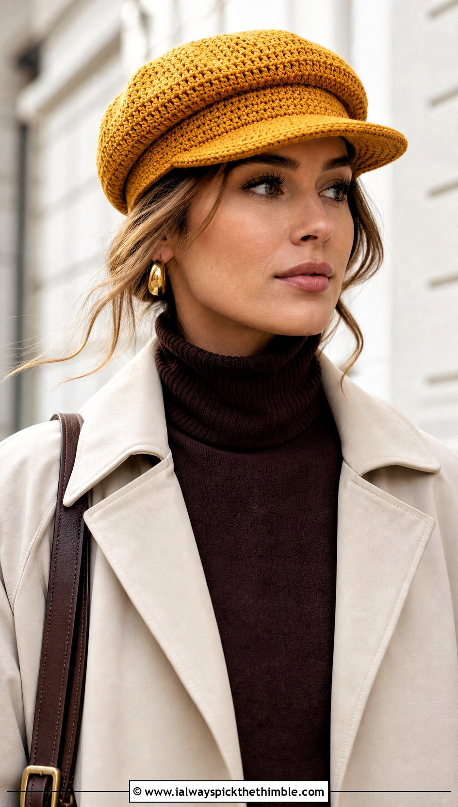 Crochet Baker Boy Cap With Trench Coat - 25 crocheted hats outfit ideas