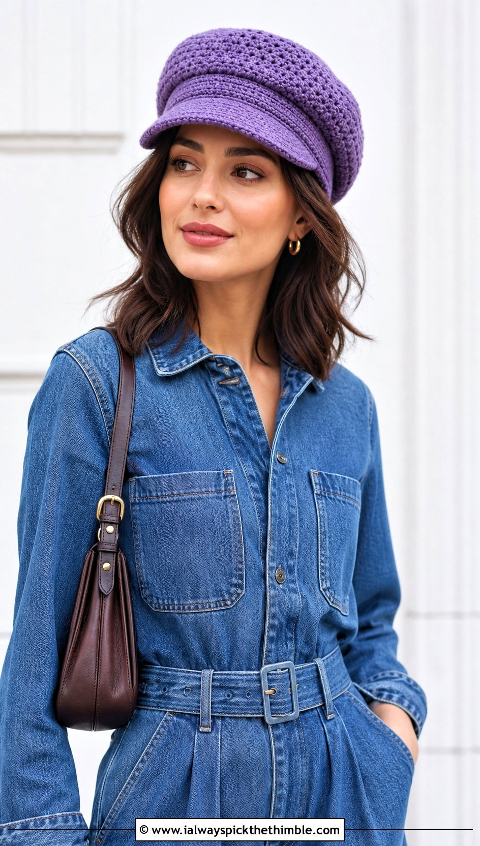 Crochet Baker Boy Hat With Denim Jumpsuit And Loafers - 20 crocheted hat outfit ideas