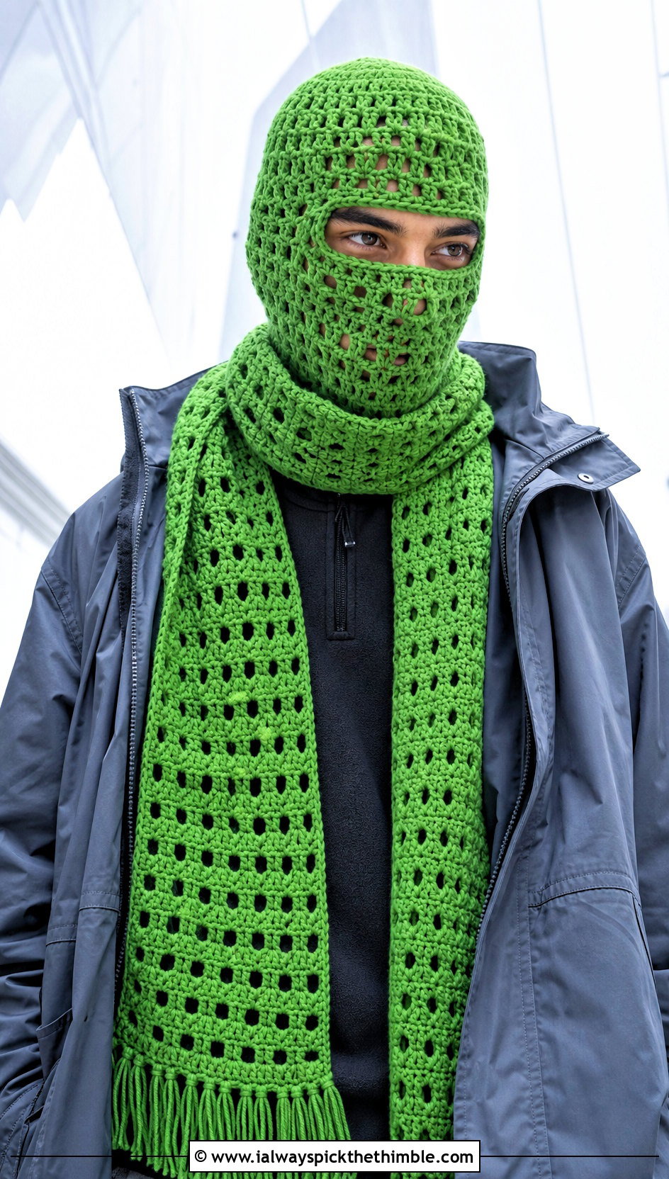 Crochet Balaclava And Filet Scarf With Technical Streetwear - 15 Mens Crochet Hat And Scarf outfit ideas