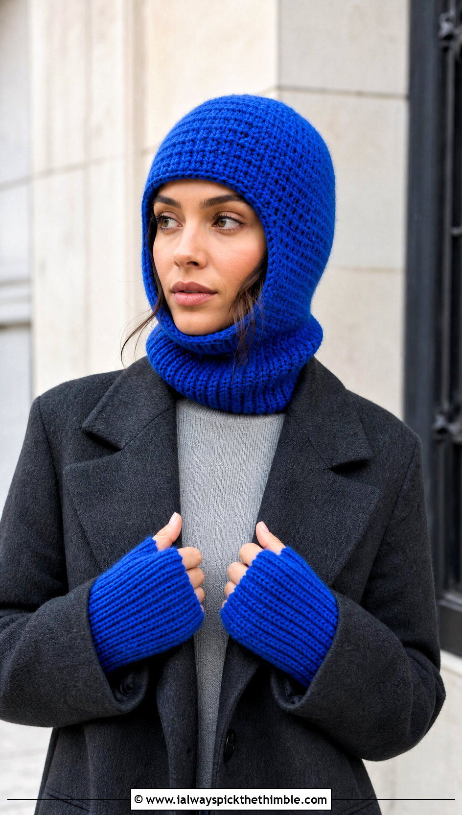 Crochet Balaclava Hat And Ribbed Hand Warmers With Tailored Coat - 15 Crochet Hat With Hand Warmer outfit ideas