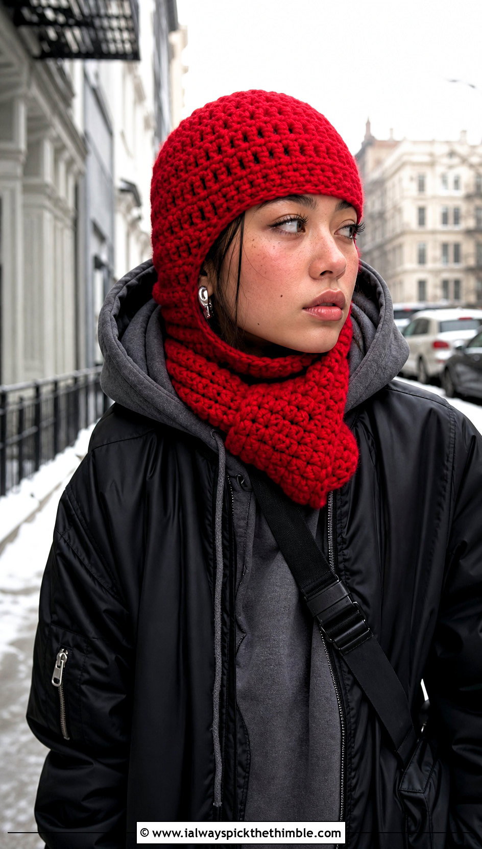 Crochet Balaclava Hat And Short Scarf With Bomber Jacket - 15 Crochet Scarf Hat outfit ideas