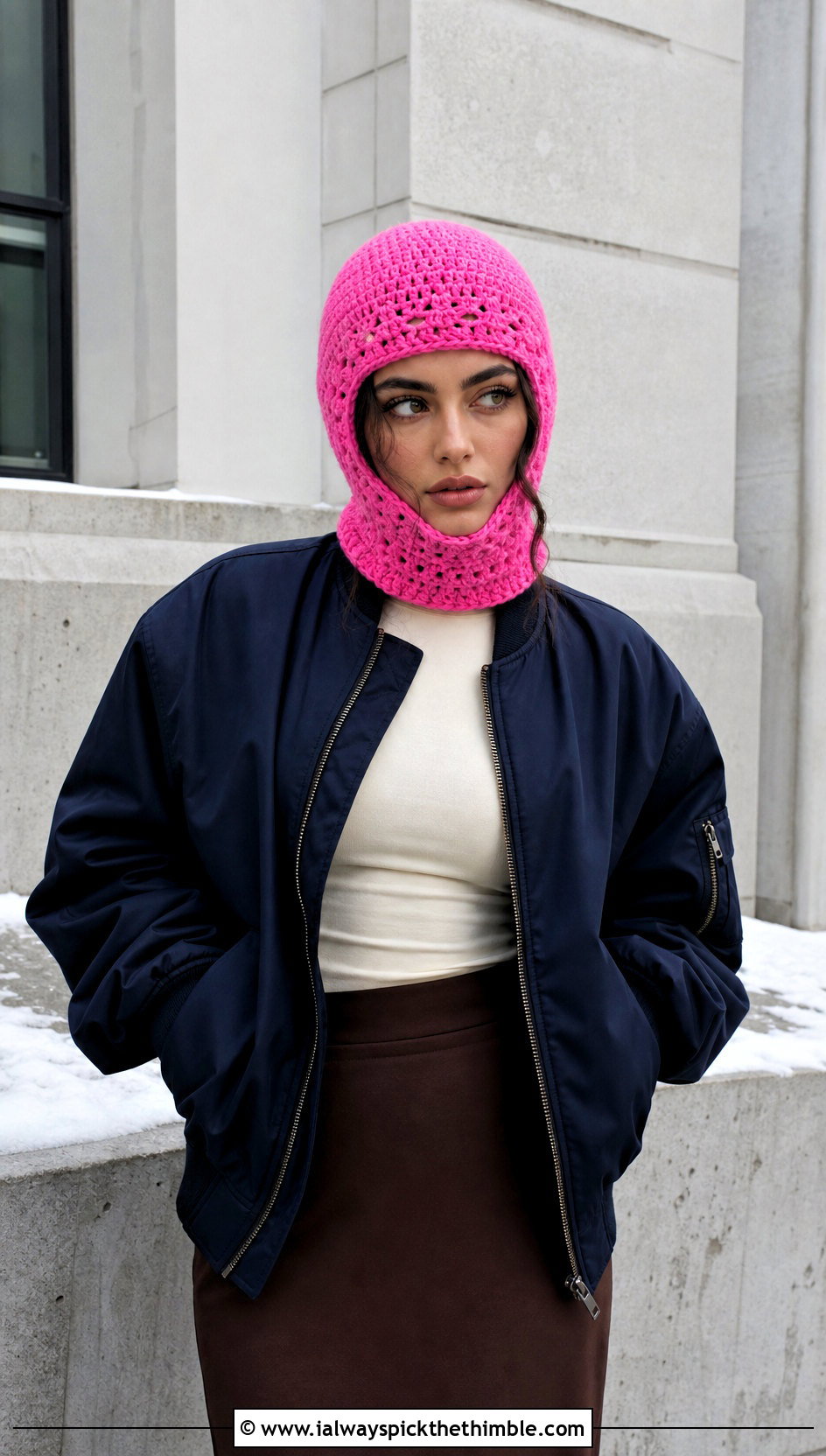 Crochet Balaclava Hat With Bomber Jacket And Maxi Skirt - 20 easy crochet winter hat outfit ideas