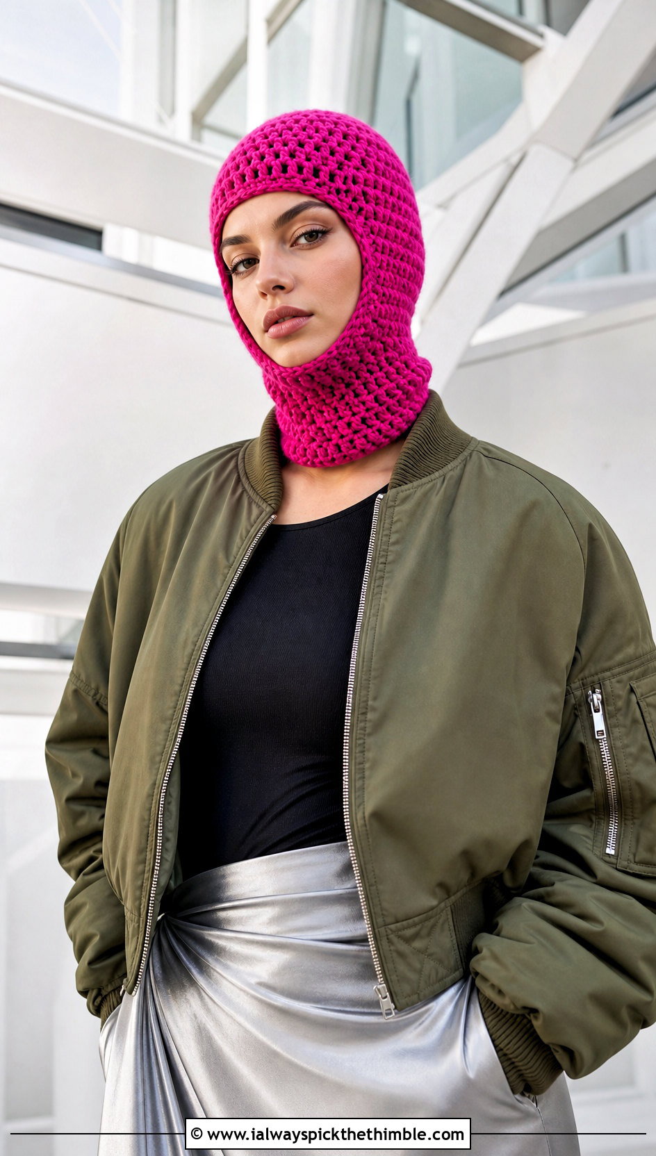 Crochet Balaclava Hat With Bomber Jacket and Satin Skirt - 15 Tiktok Crochet Hat outfit ideas
