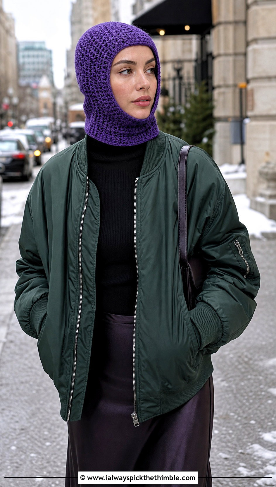 Crochet Balaclava Hat With Bomber Jacket - 20 winter crochet hats outfit ideas