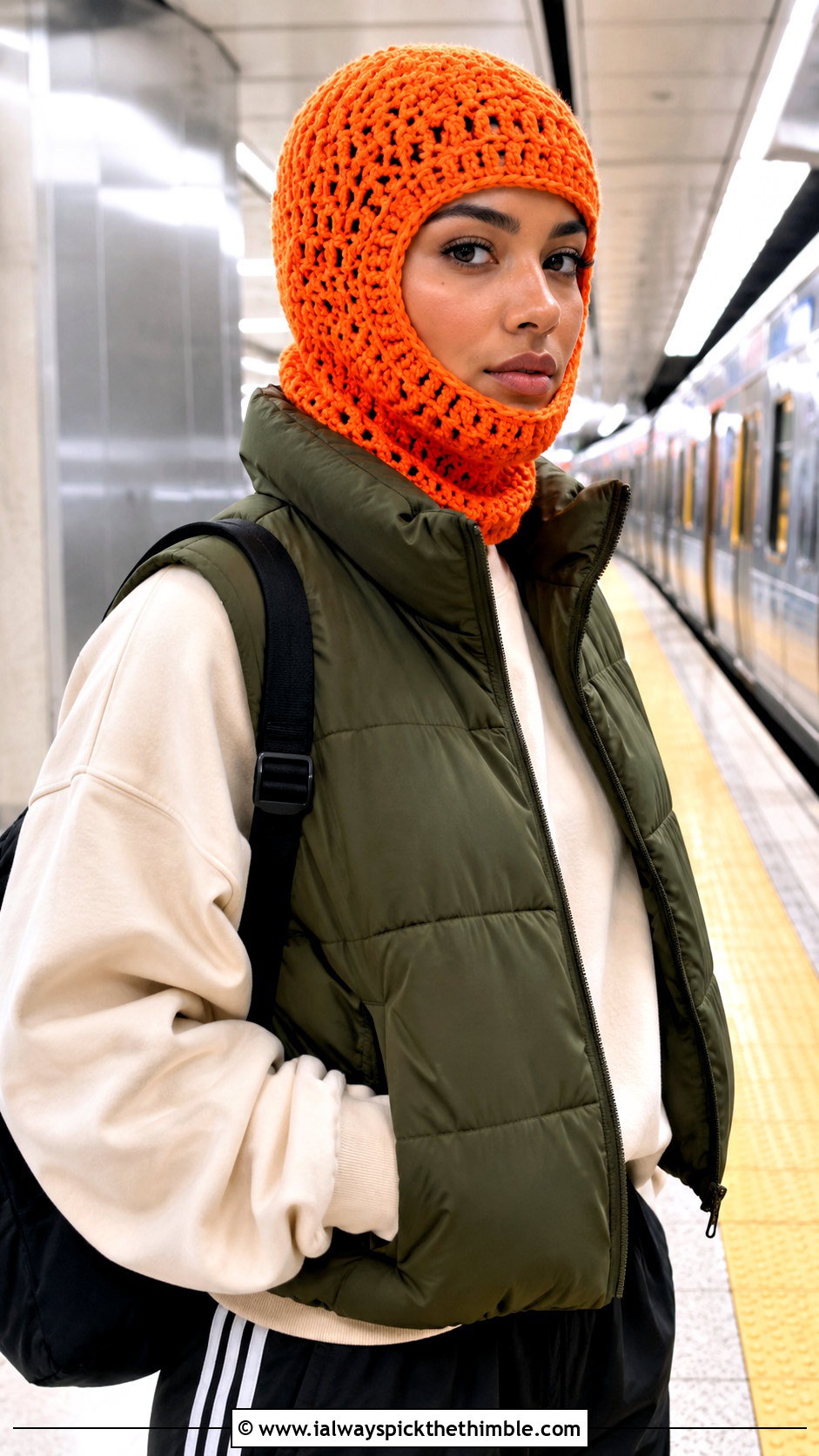 Crochet Balaclava Hat With Puffer Vest And Track Pants - 25 crochet winter hat outfit ideas