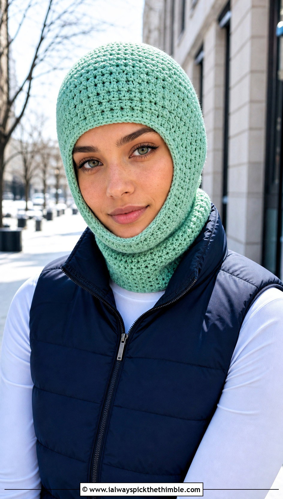 Crochet Balaclava Hat With Puffer Vest And Track Pants - 25 quick crochet hat outfit ideas