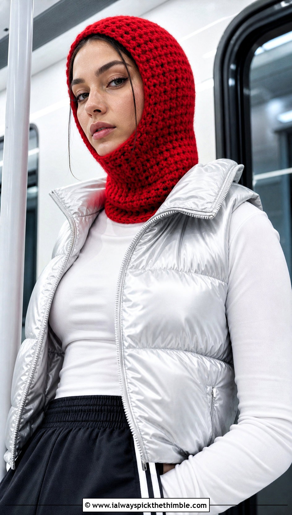 Crochet Balaclava Hat With Puffer Vest And Track Pants - 20 winter crochet hat for women outfit ideas