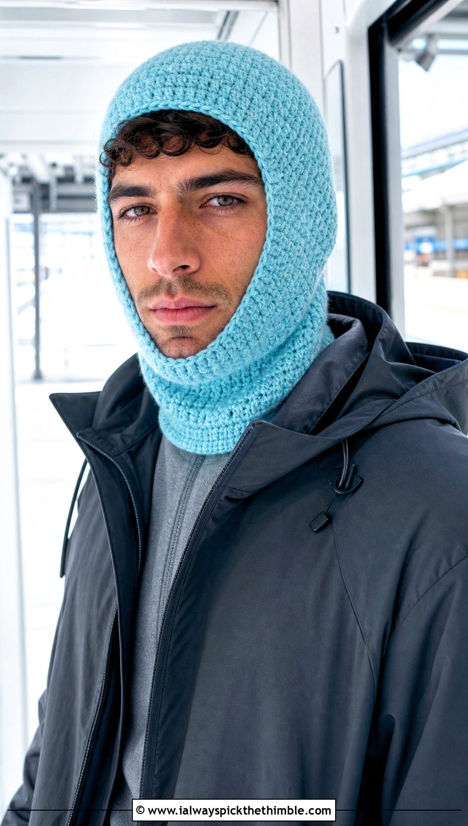 Crochet Balaclava Hat With Technical Jacket - 25 mens crochet hats outfit ideas