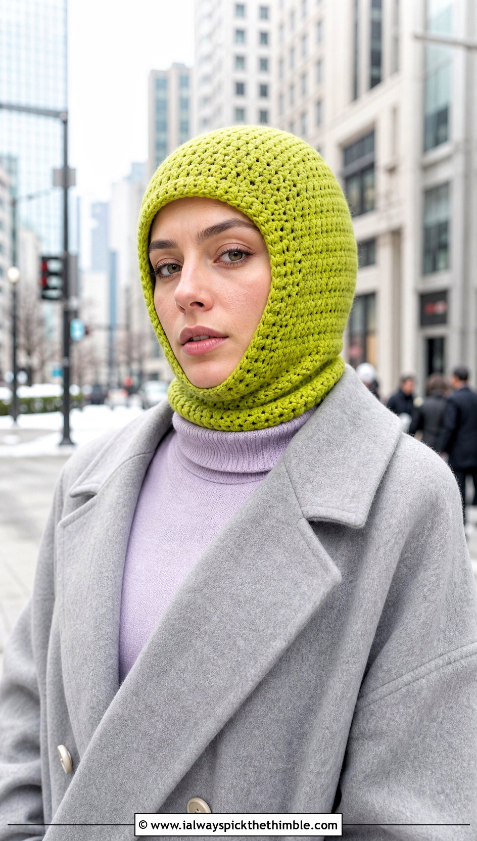 Crochet Balaclava With Long Wool Coat - 25 easy crochet hat outfit ideas