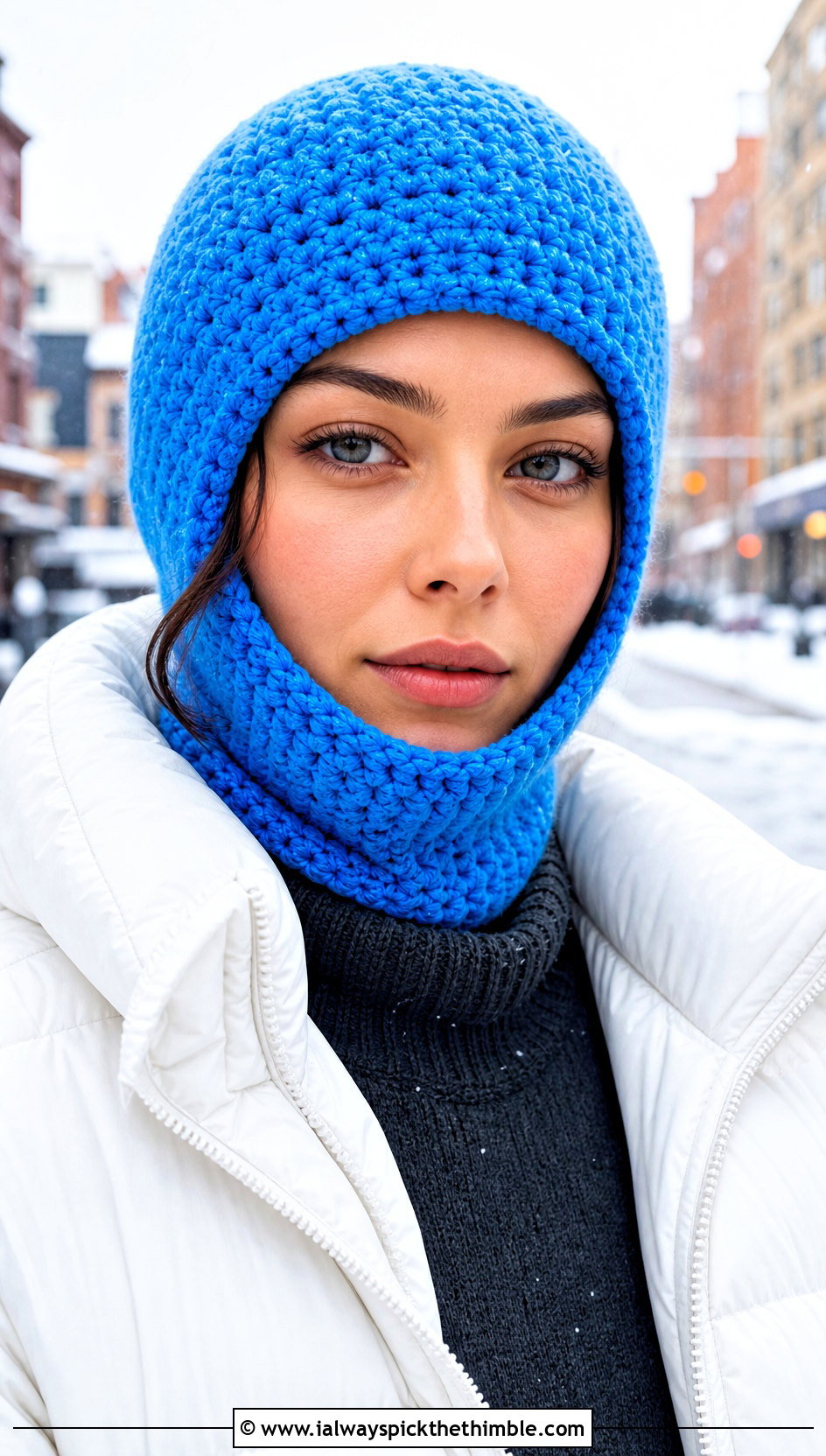 Crochet Balaclava With Puffer Coat And Jeans - 20 winter crochet outfit ideas