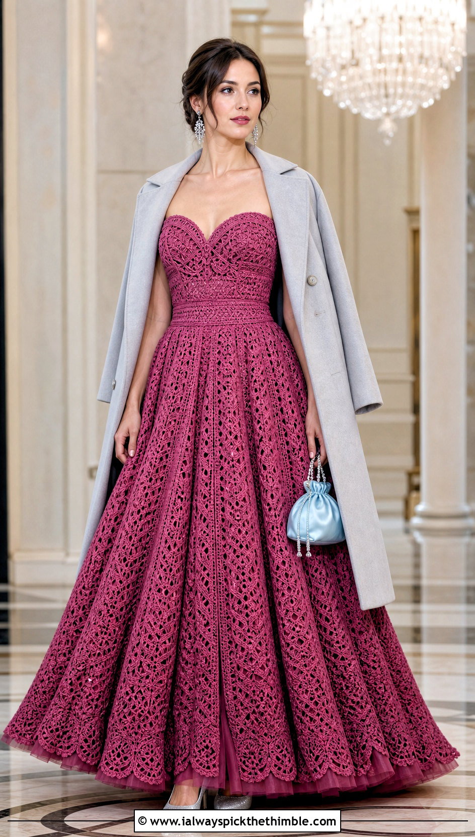 Crochet Ball Gown With Satin Evening Bag - 25 Formal Crochet Dress outfit ideas