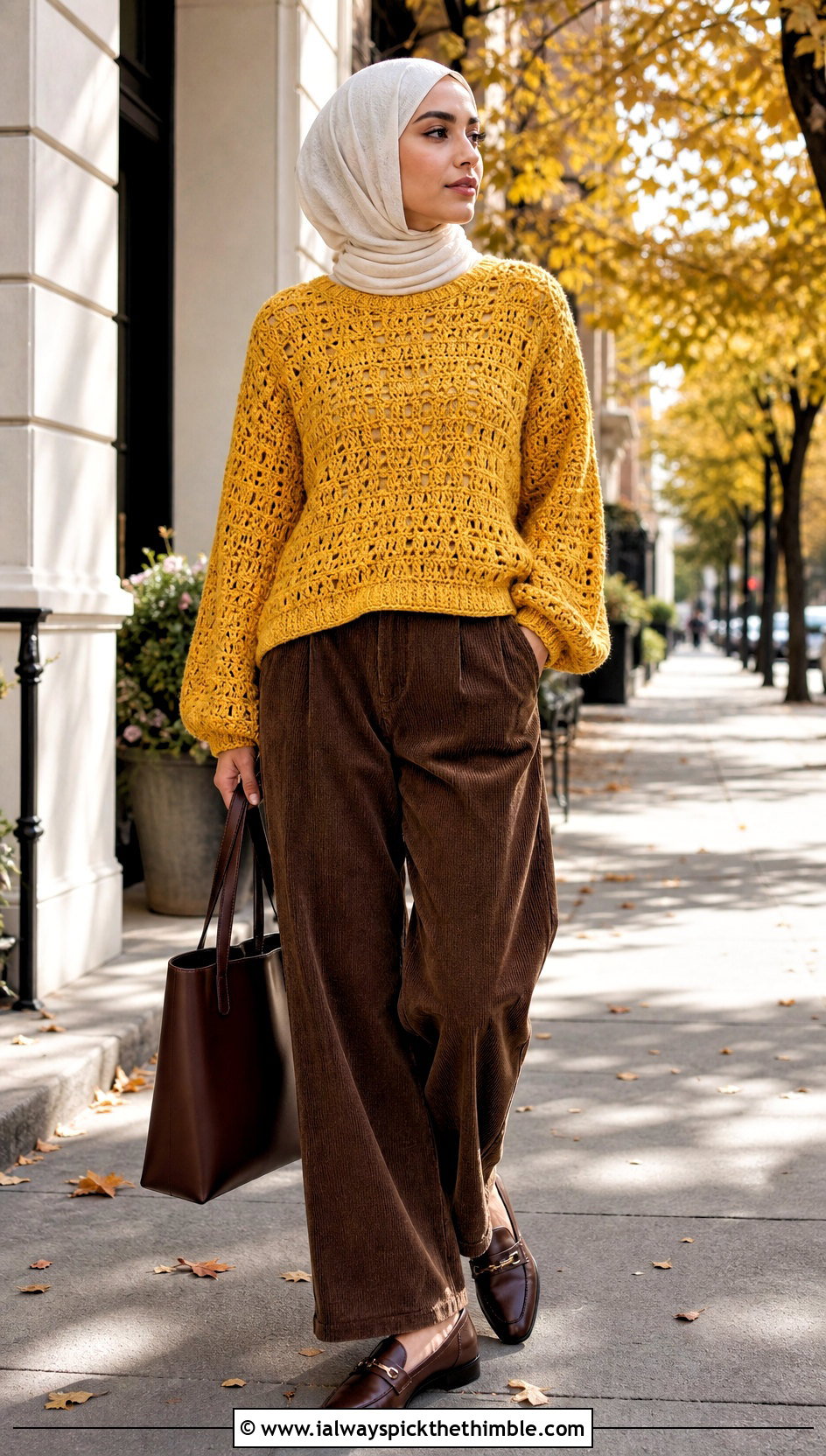 Crochet Balloon Sleeve Top With Corduroy Trousers - 20 crochet top hijabi outfit ideas