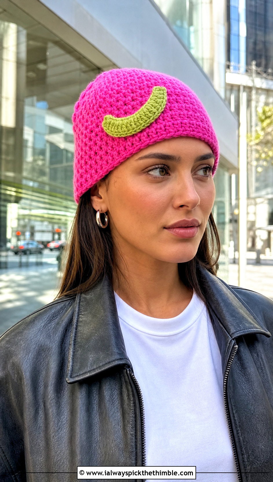 Crochet Banana Applique Beanie With Leather Jacket - 20 crochet banana hat outfit ideas