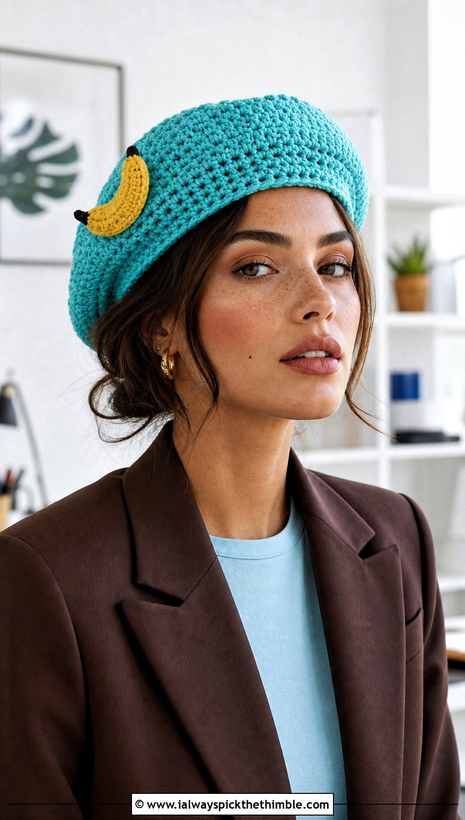 Crochet Banana Beret With Blazer And Trousers - 20 crochet banana hat outfit ideas