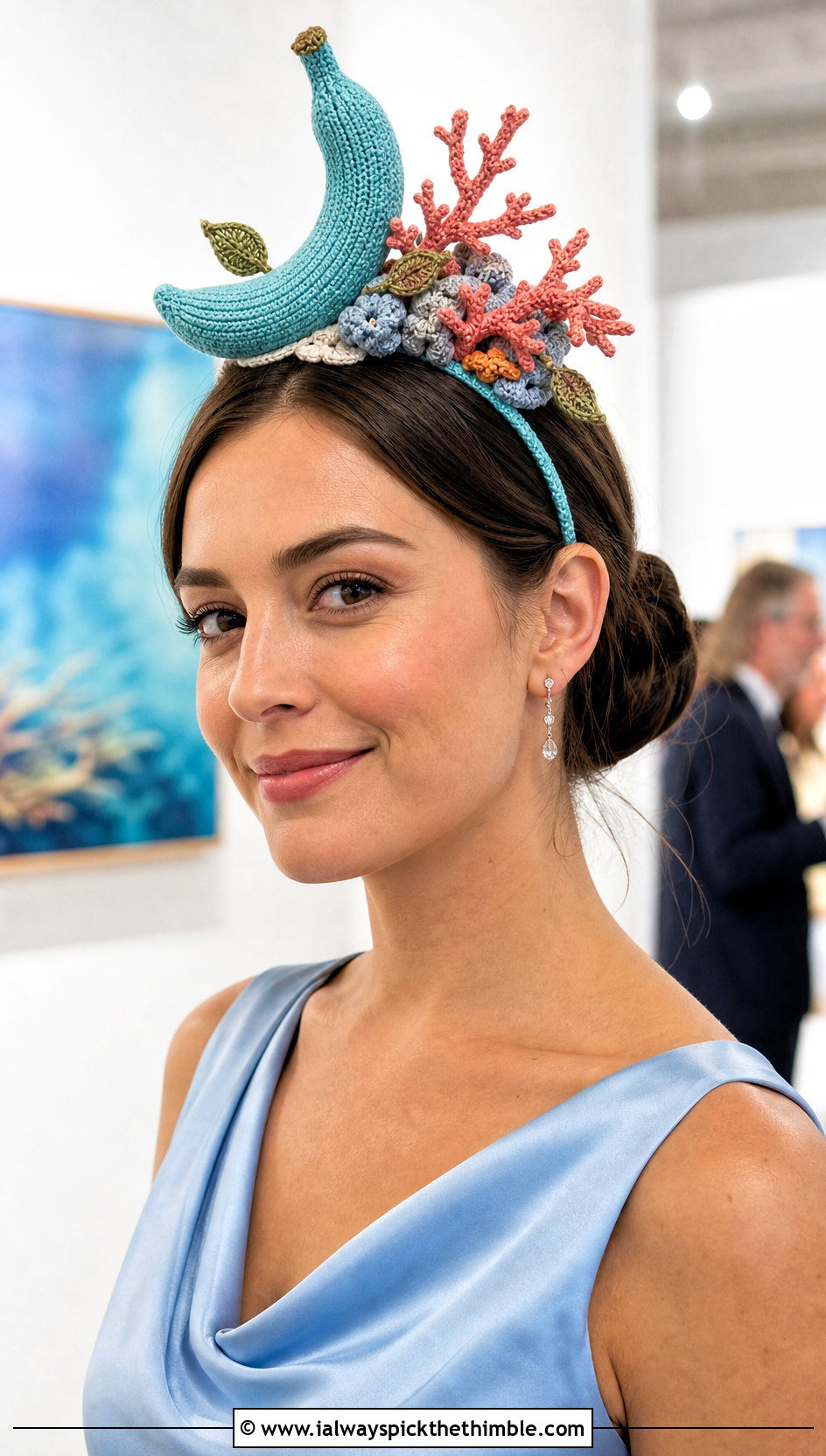 Crochet Banana Fascinator With Satin Dress - 20 crochet banana hat outfit ideas