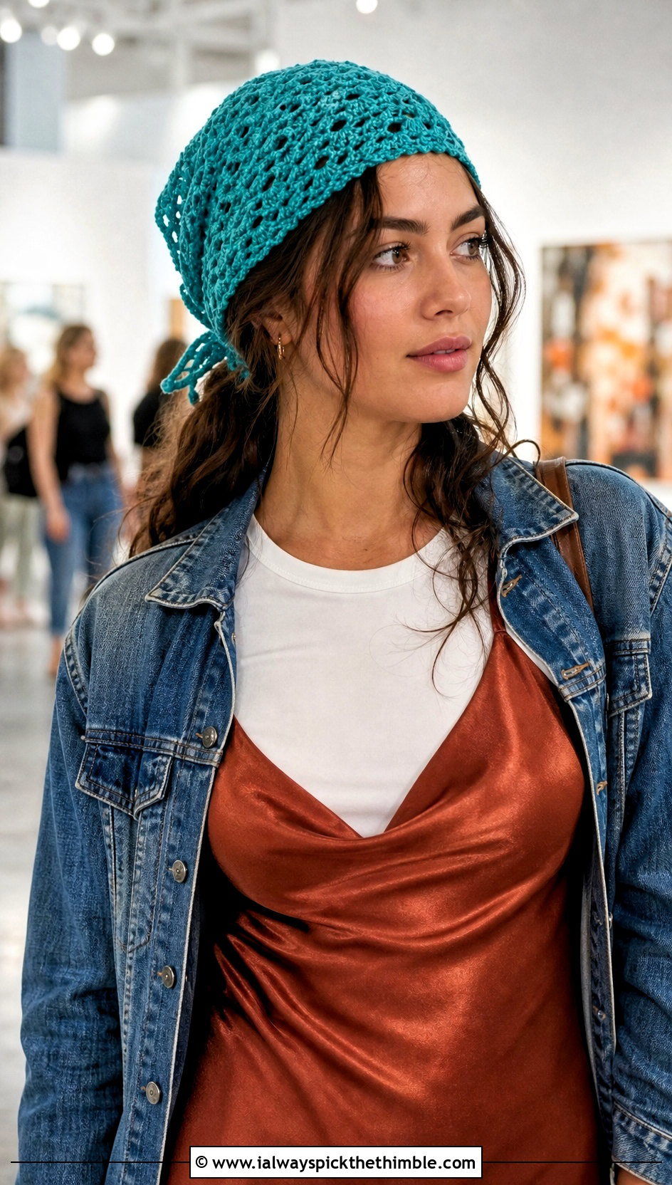 Crochet Bandana Cap With Slip Dress - 20 easy simple crochet hats for beginners outfit ideas