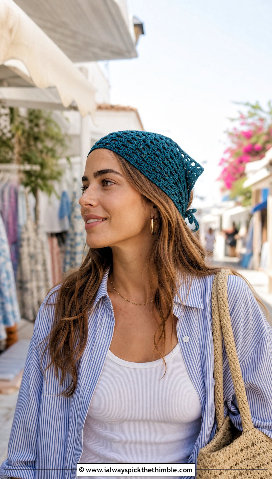 Crochet Bandana Headband With Striped Shirt And Denim Shorts - 20 quick crochet headband outfit ideas