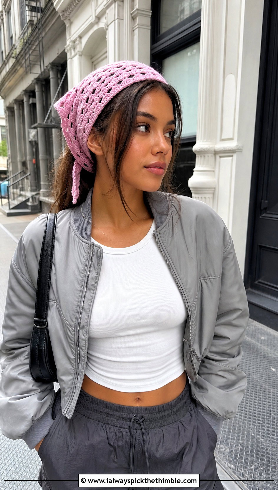 Crochet Bandana Scarf With Bomber Jacket And Parachute Pants - 15 Light Weight Crochet Scarf outfit ideas