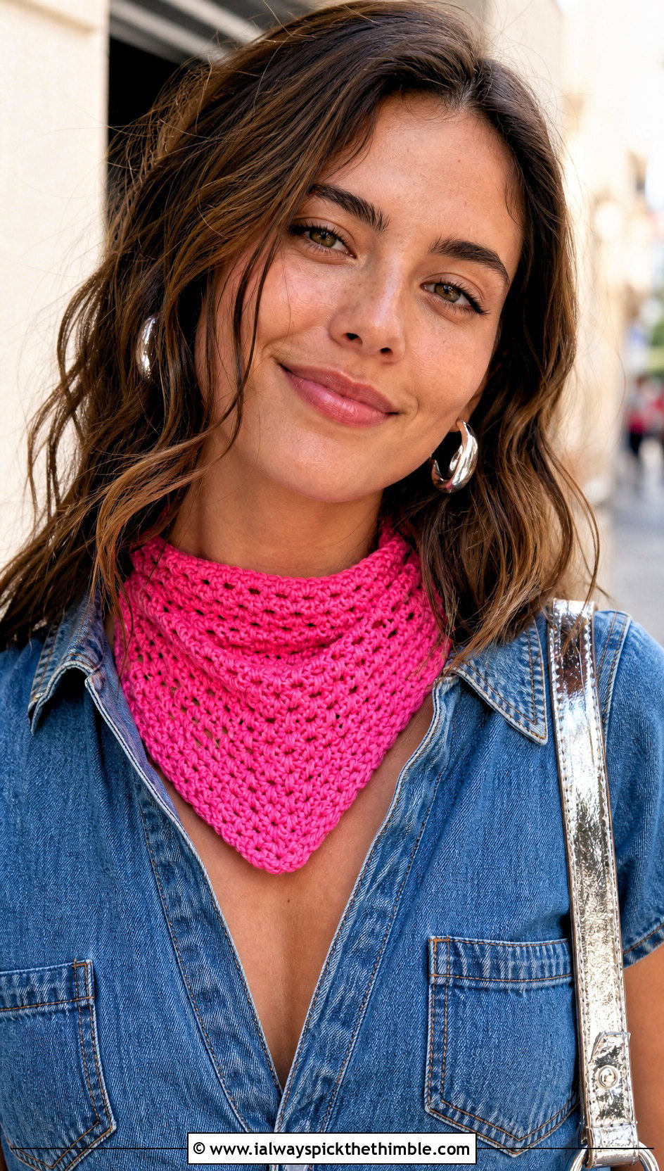 Crochet Bandana Scarf With Denim Jumpsuit - 20 Crochet For Beginners Scarf outfit ideas