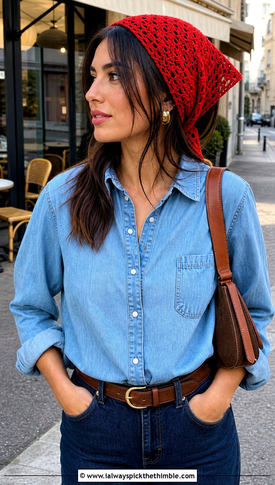 Crochet Bandana Scarf With Double Denim - 20 super crochet scarf outfit ideas
