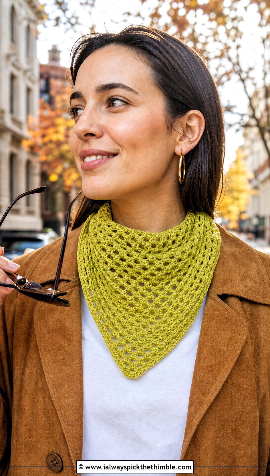 Crochet Bandana Scarf With Suede Jacket - 20 pretty crochet scarf outfit ideas