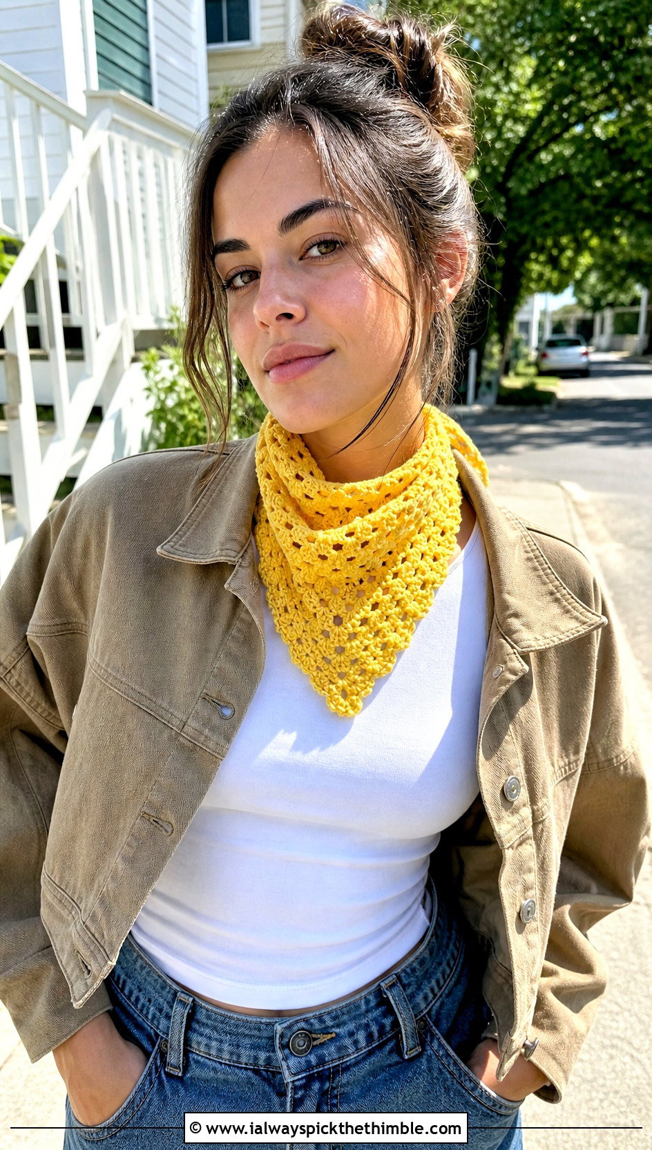Crochet Bandana Scarf With T Shirt And Barrel Jeans - 20 crochet for scarfs outfit ideas
