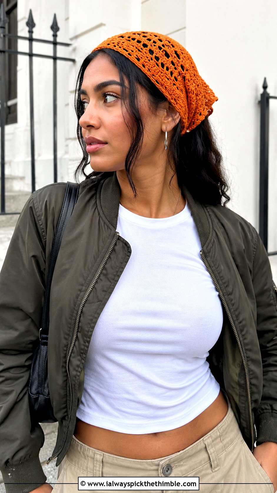 Crochet Bandana Scarf With T Shirt And Cargo Pants - 25 summer crochet scarf outfit ideas