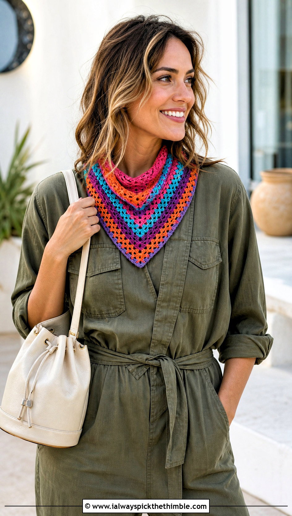Crochet Bandana Scarf With Utility Jumpsuit - 15 Vibrant Crochet Scarf outfit ideas