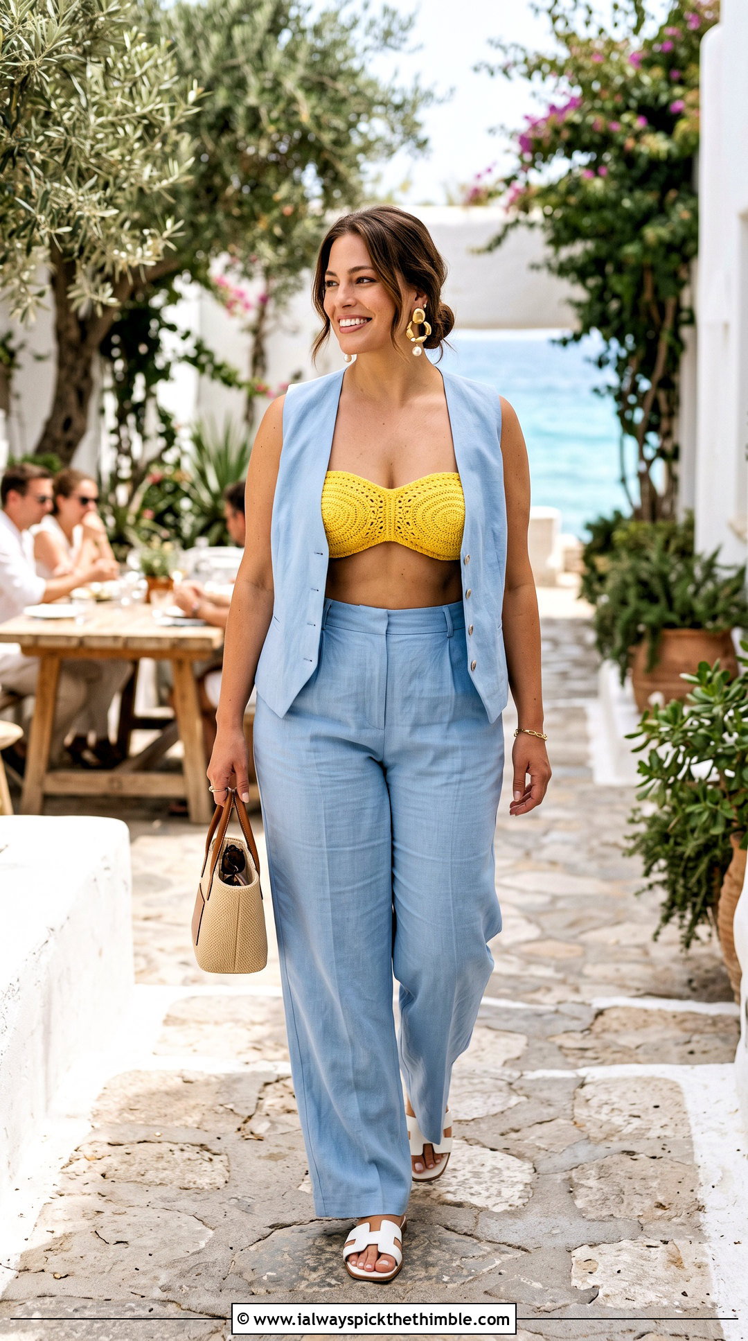Crochet Bandeau Bikini With Tailored Vest And Wide Leg Pants - 25 crochet swimwear outfit ideas