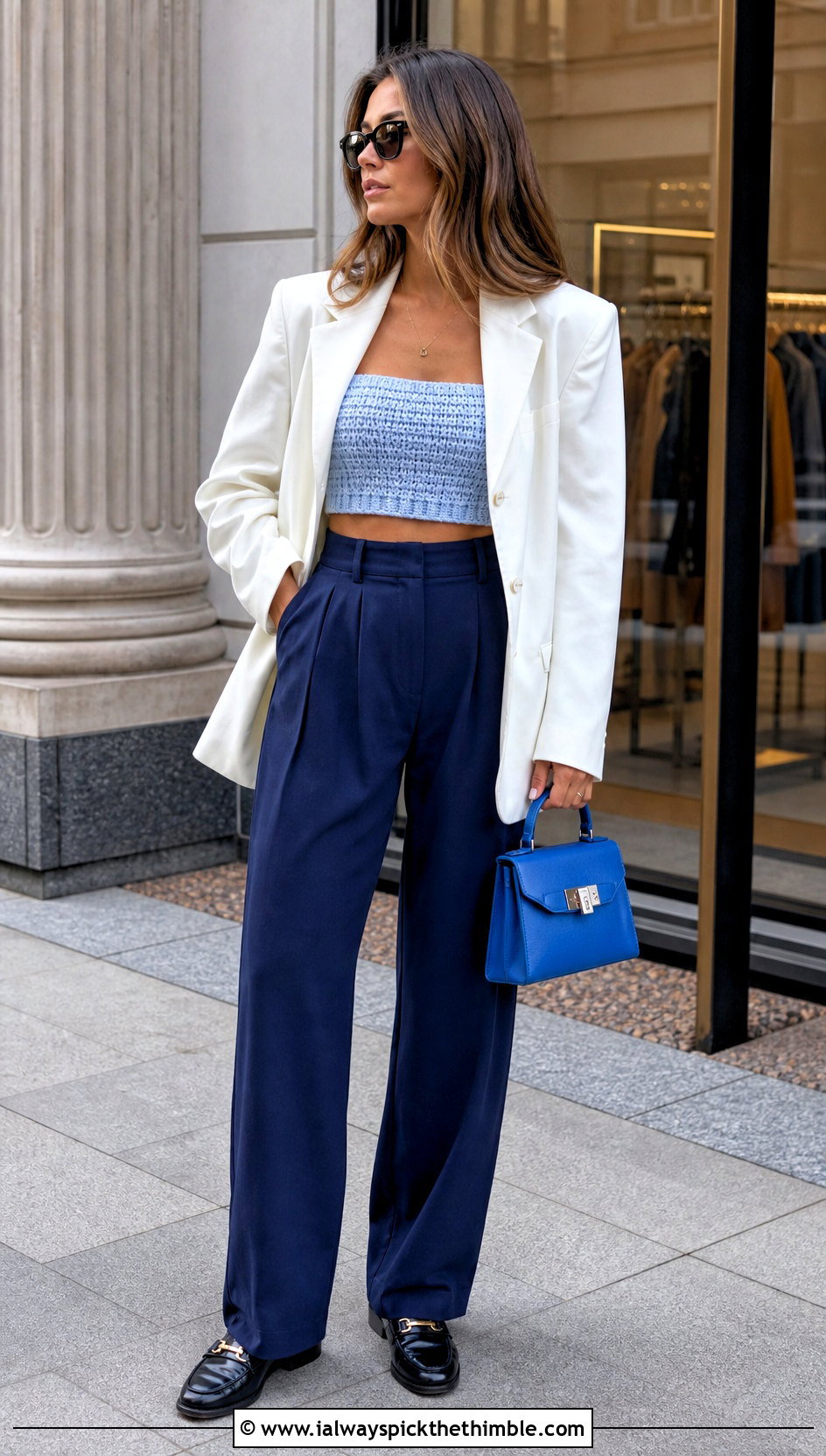 Crochet Bandeau Crop Top With Oversized Blazer - 20 crocheting crop top outfit ideas