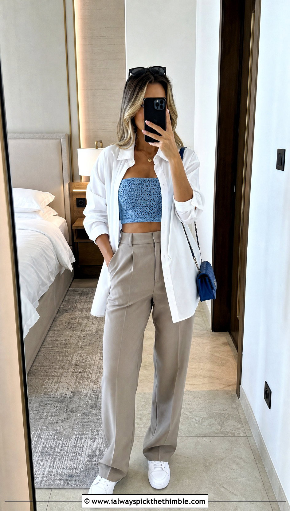 Crochet Bandeau Top With Oversized Shirt And Trousers - 25 crochet spring tops outfit ideas