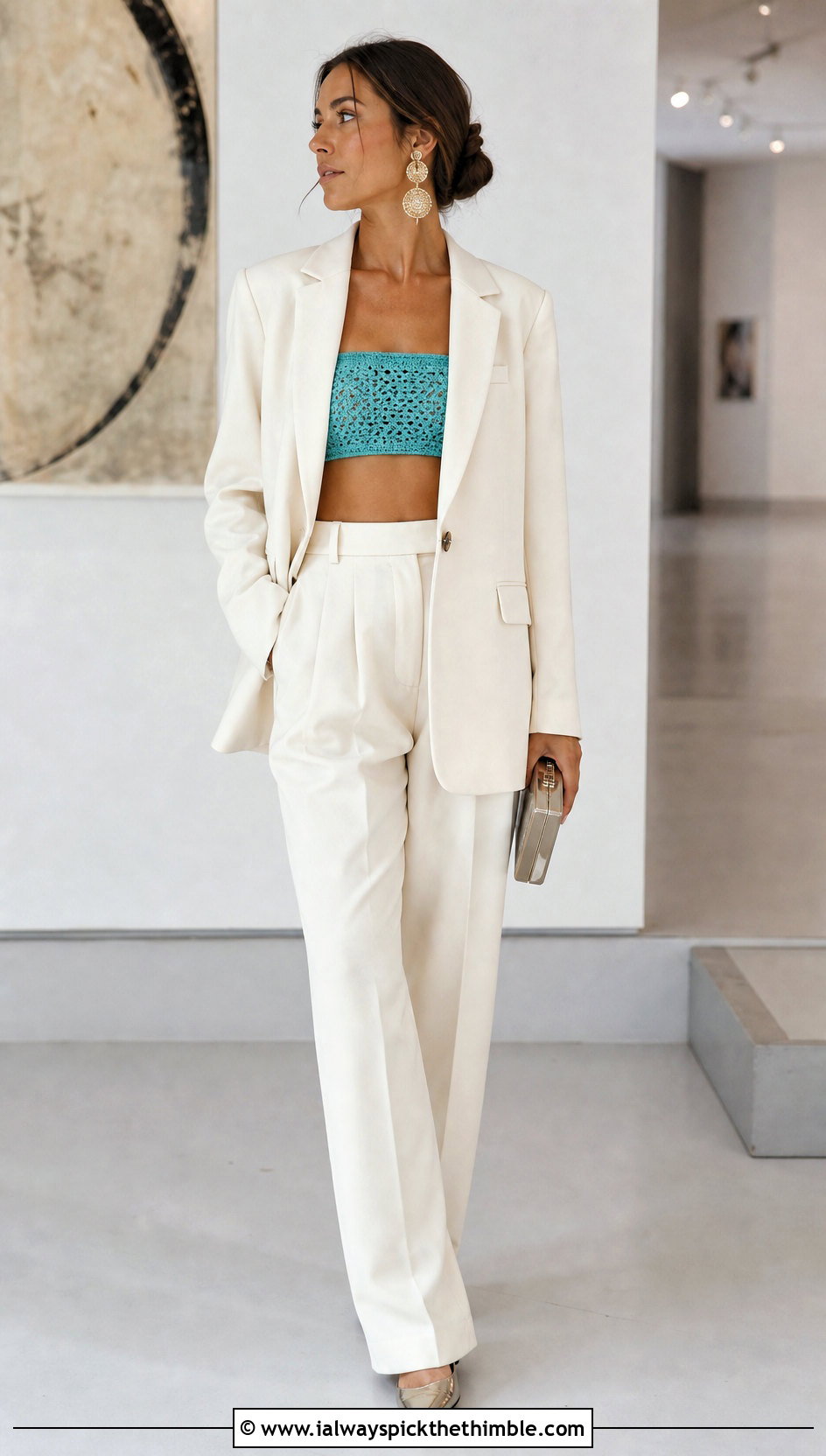 Crochet Bandeau Top With Relaxed Suit - 25 crocheted tops outfit ideas