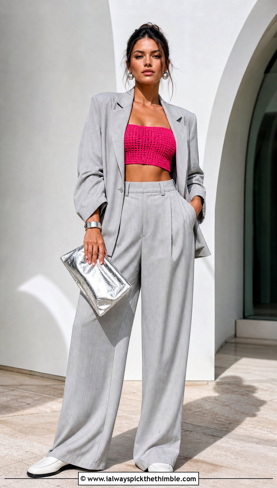 Crochet Bandeau Top With Relaxed Suit - 20 Spring Crochet Tops outfit ideas