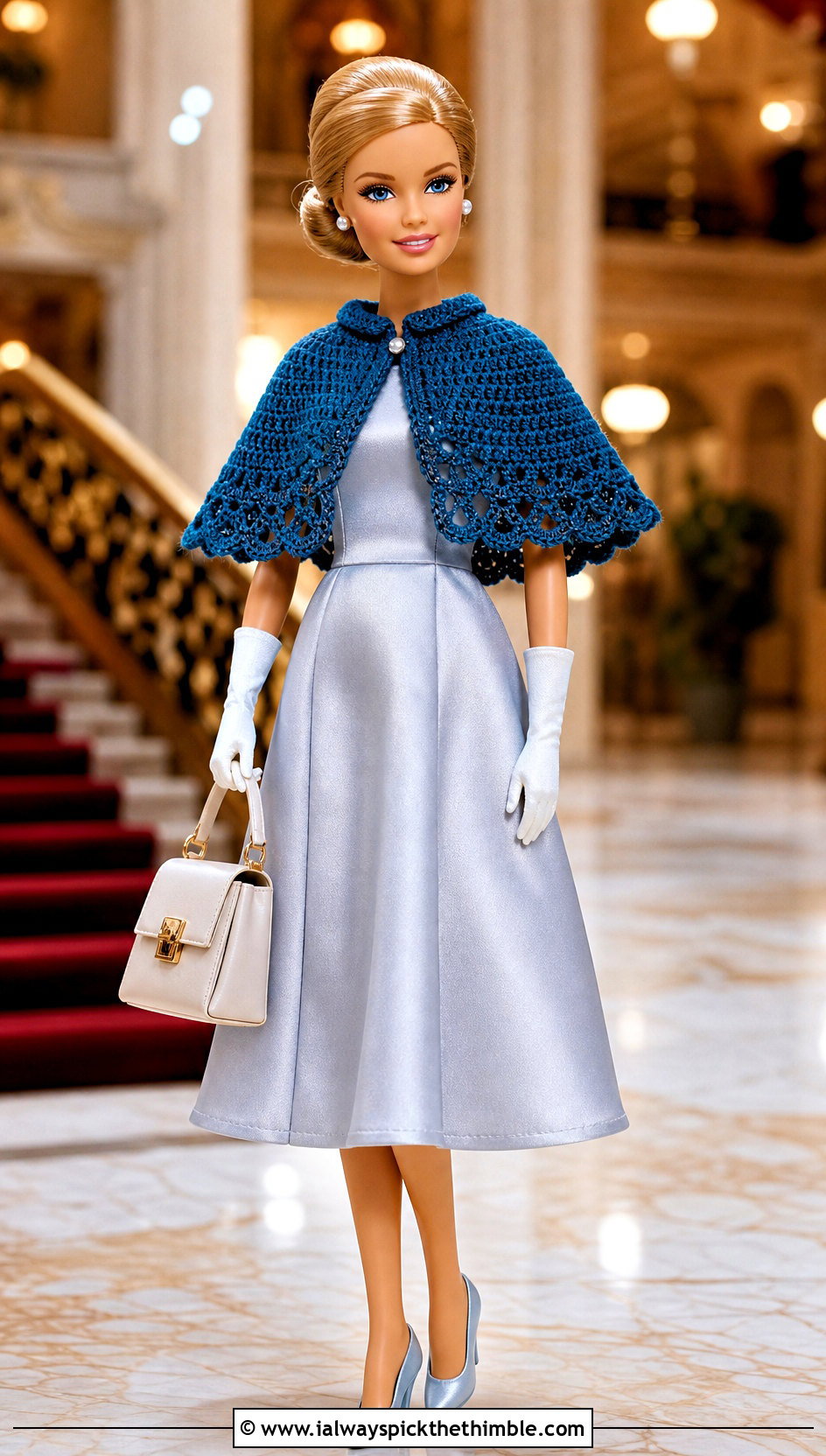Crochet Barbie Capelet With Satin Midi Dress - 25 Easy Crochet Barbie Clothes and outfit ideas