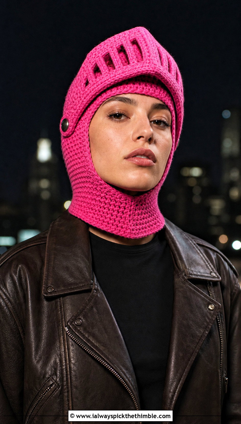 Crochet Bascinet Knight Hat With Leather Jacket - 15 Knight Crochet Hat outfit ideas