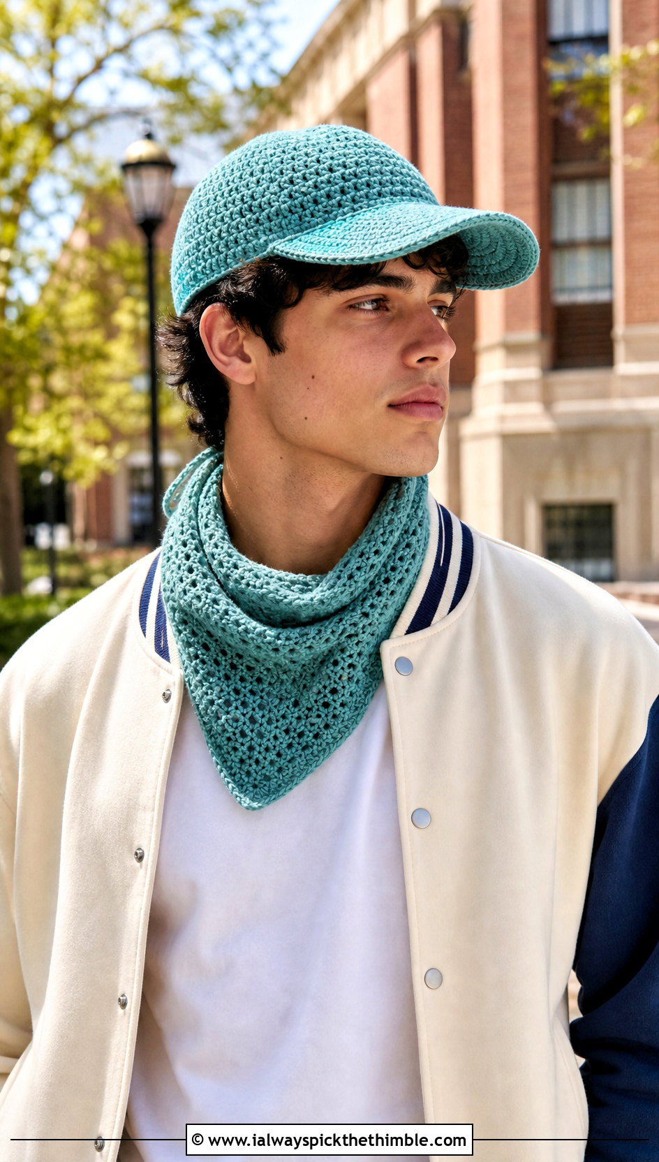 Crochet Baseball Cap And Bandana Scarf With Varsity Jacket - 15 Mens Crochet Hat And Scarf outfit ideas