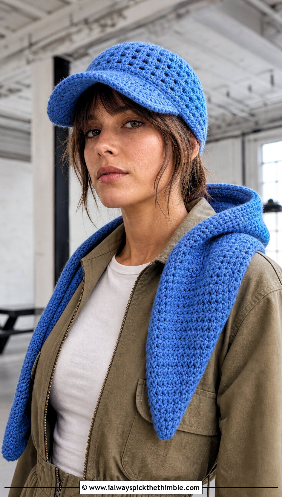 Crochet Baseball Cap And Hooded Scarf With Utility Jumpsuit - 20 crochet hat scarf outfit ideas