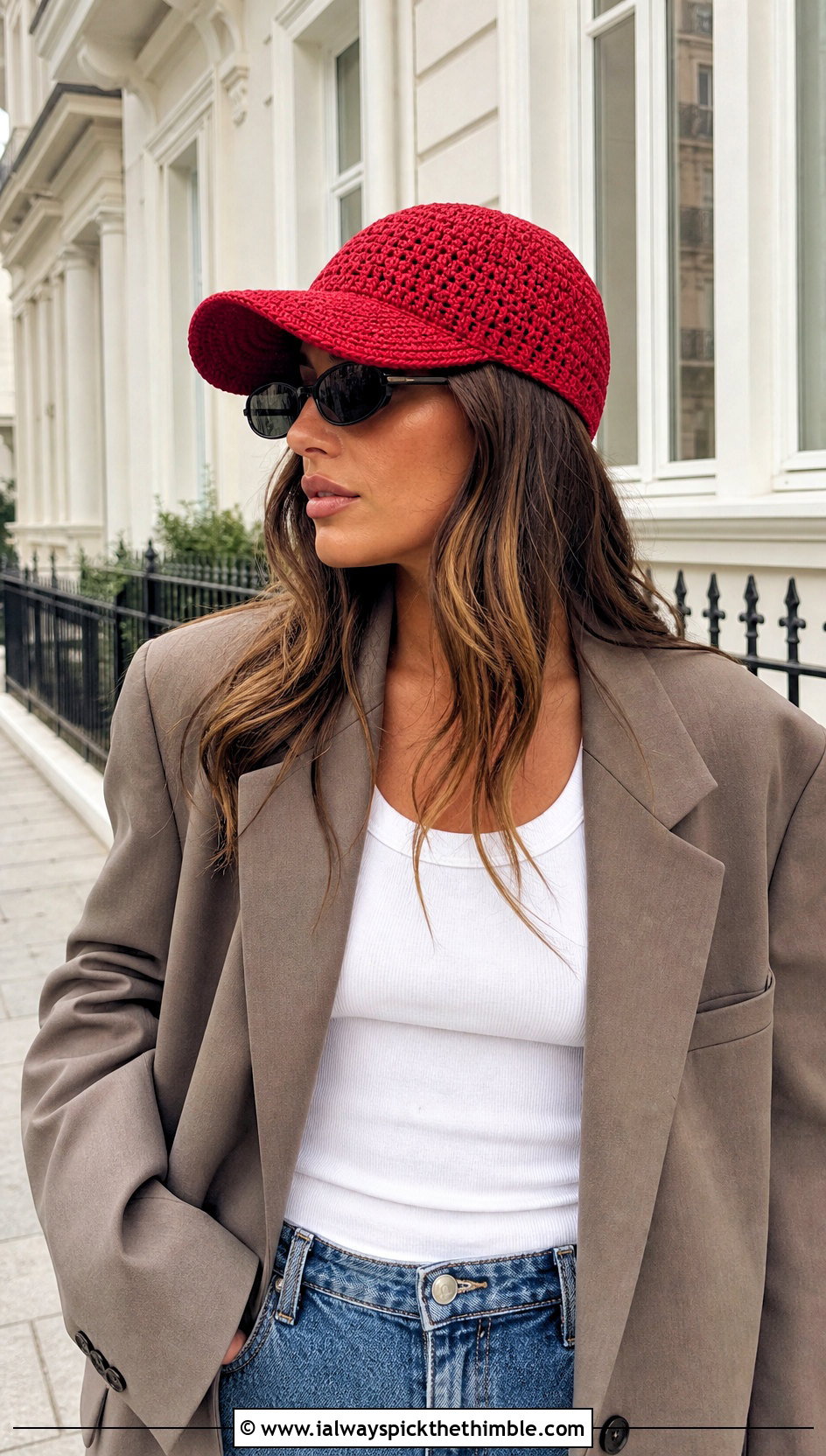Crochet Baseball Cap With Blazer And Jeans - 25 easy crochet hats outfit ideas